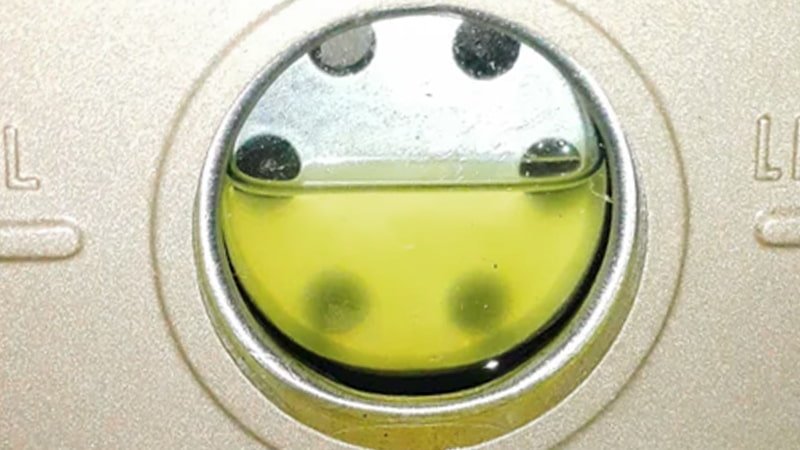 The oil sight glass of an industrial pump showing dark, almost black oil, indicating thermal breakdown or severe contamination from a process