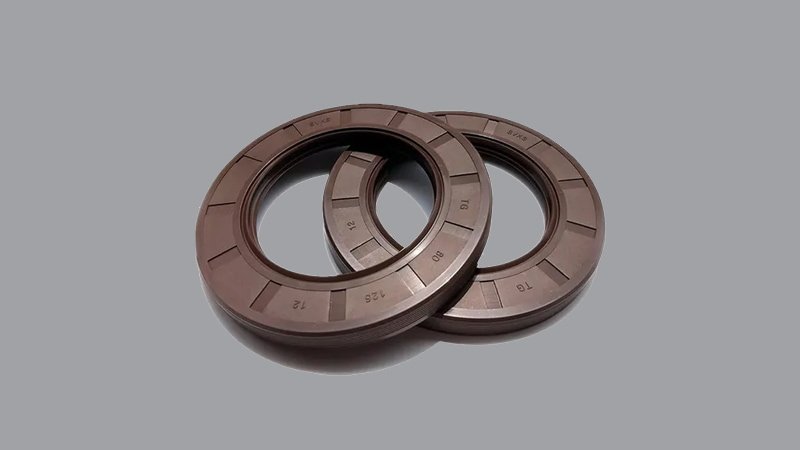 A detailed view of an oil rotary vane vacuum pump, focusing on the oil level sight glass and the sealing points around the casing.