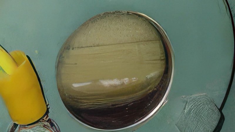 The circular sight glass of a vacuum pump is shown completely filled with white foam and froth, indicating a severe operational issue