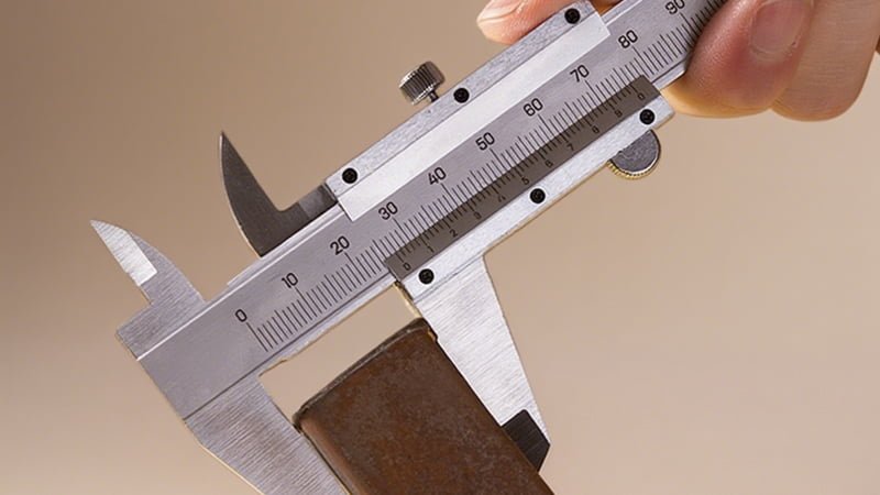 A close-up photograph showing a new vacuum pump vane next to a visibly worn one, with a digital caliper measuring the reduced width of the old vane