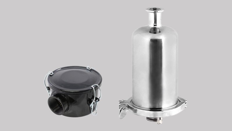 A composite image with three parts: on the left, an industrial inlet filter with a clear housing showing a paper element; in the middle, a stainless steel liquid separator; on the right, a cylindrical exhaust mist filter