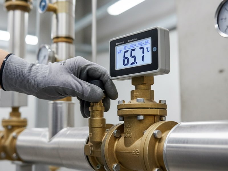 worker checking water temperature gauge