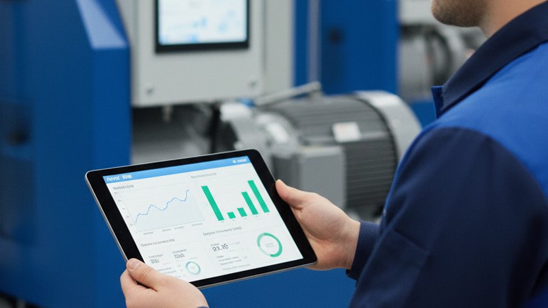 digital tablet showing screw blower performance analytics