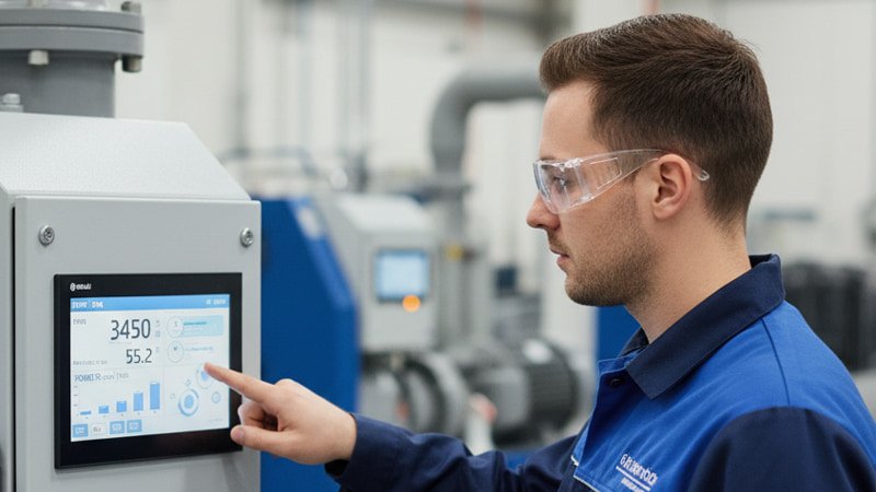engineer pointing to VSD control panel on screw blower