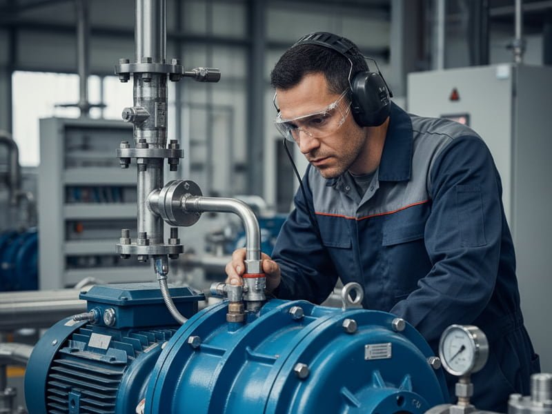 engineer checking liquid ring pump in factory
