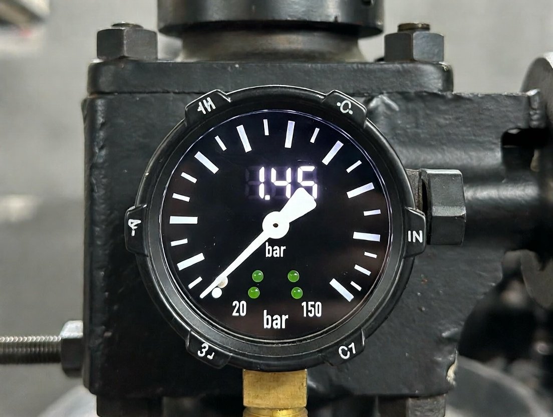 A close-up of a digital pressure gauge on a machine that clearly shows a steady, unwavering reading of 1.45 bar.