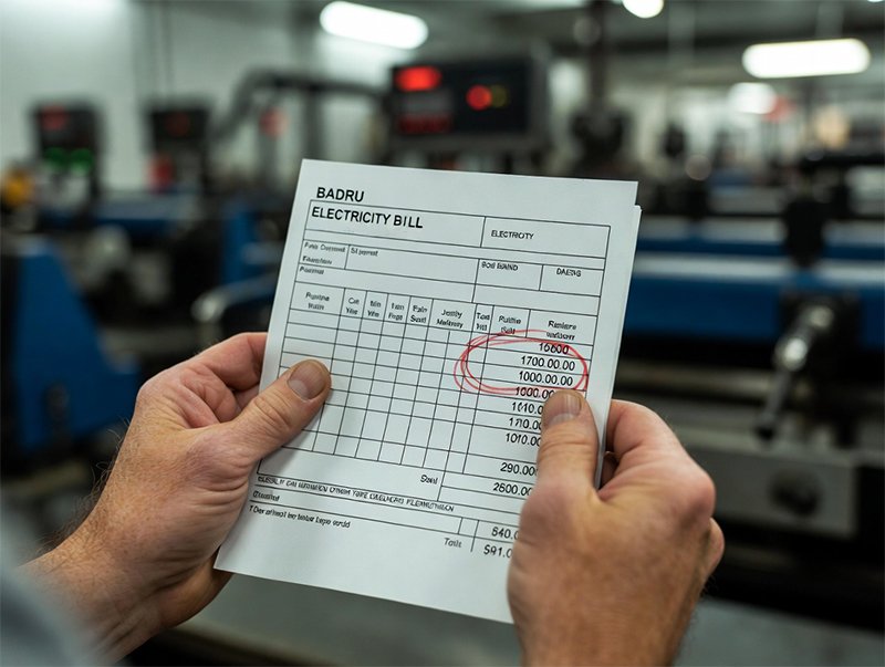 A close-up shot of a factory owner's hands holding a printed electricity bill with high numbers circled in red ink.