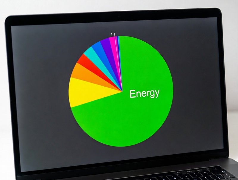 A colorful pie chart displayed on a laptop screen where a huge green section labeled 'Energy' takes up almost the whole circle.