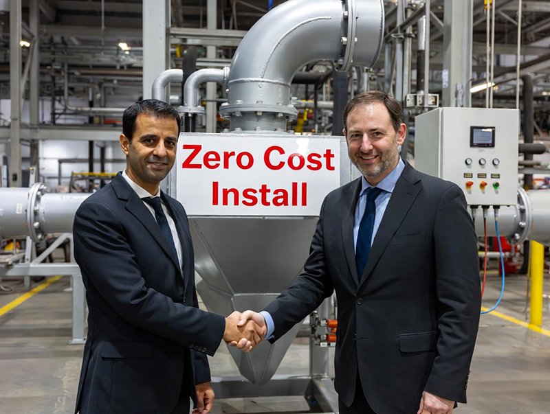 Two men in business suits standing in a factory, shaking hands over a new screw blower with a 'Zero Cost Install' sign on it.