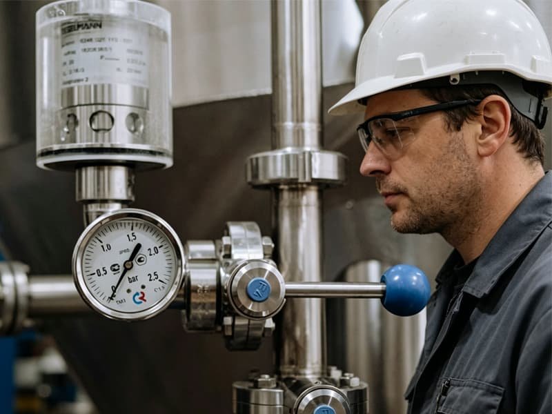 A technician monitoring a pressure gauge on a pneumatic conveying line to ensure stable airflow