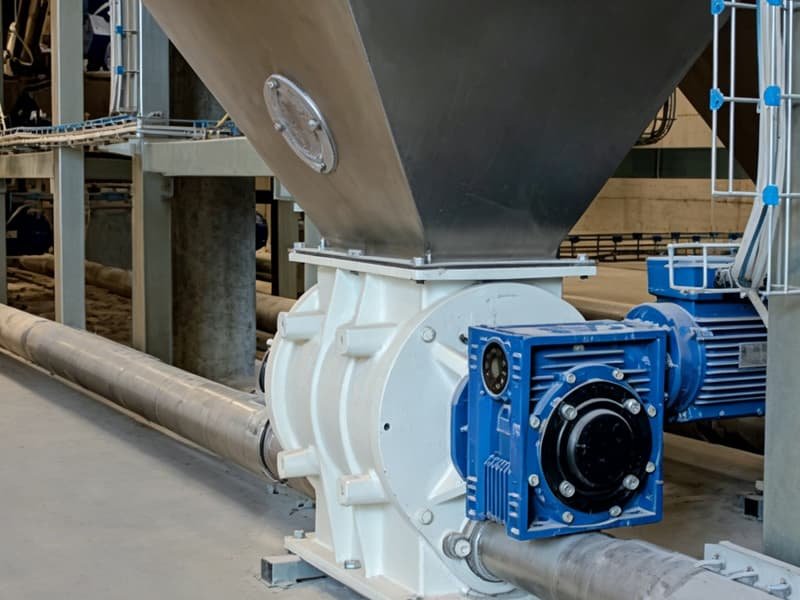 A close-up of a rotary feeding valve at the base of a hopper connected to a pneumatic conveying pipe