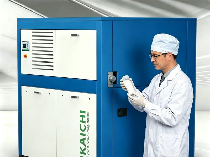 A technician holding a white powder sample near a clean oil-free screw blower outlet with no oil stains